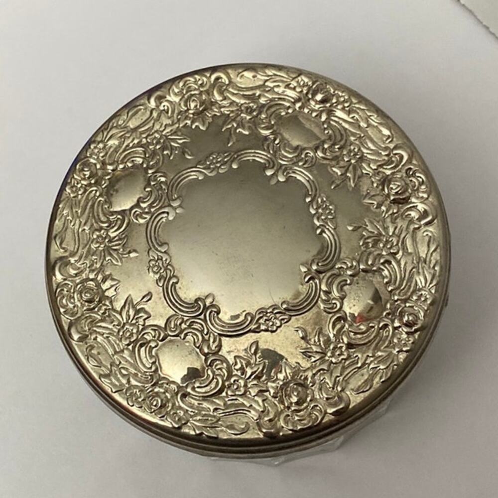 Vintage Pressed Powder Box Jar With Ornate Silverplate Lid- with puff Victorian - Picture 4 of 11